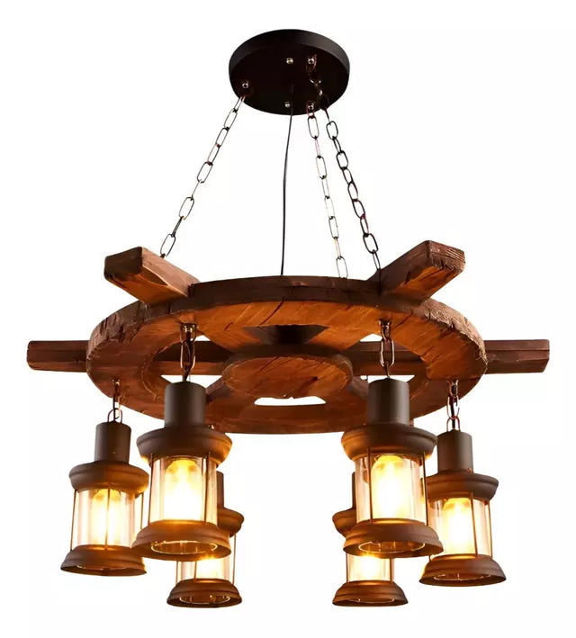 Lampara Colgante Decorativa de Madera con 6 Faroles en Estilo Timón Rustico Marrón