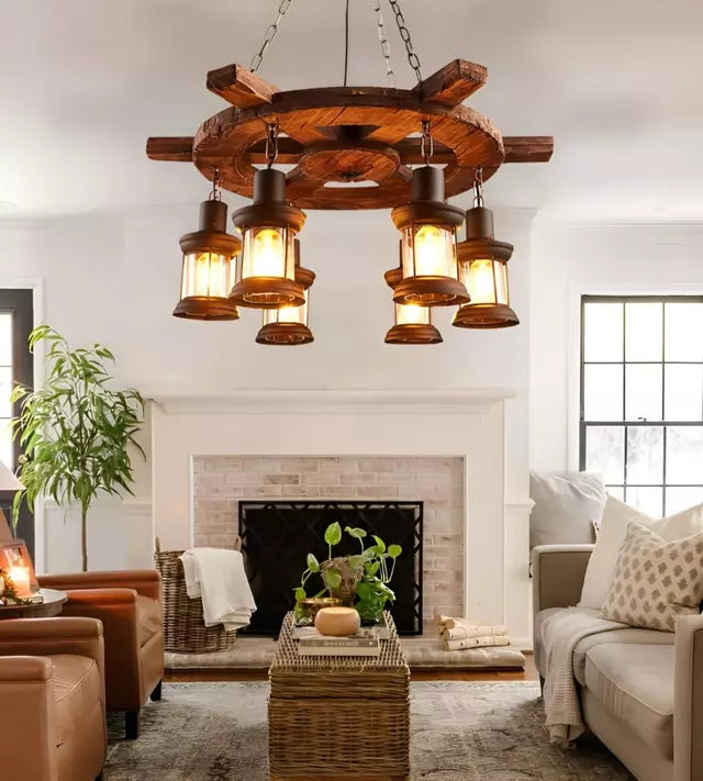 Lampara Colgante Decorativa de Madera con 6 Faroles en Estilo Timón Rustico Marrón