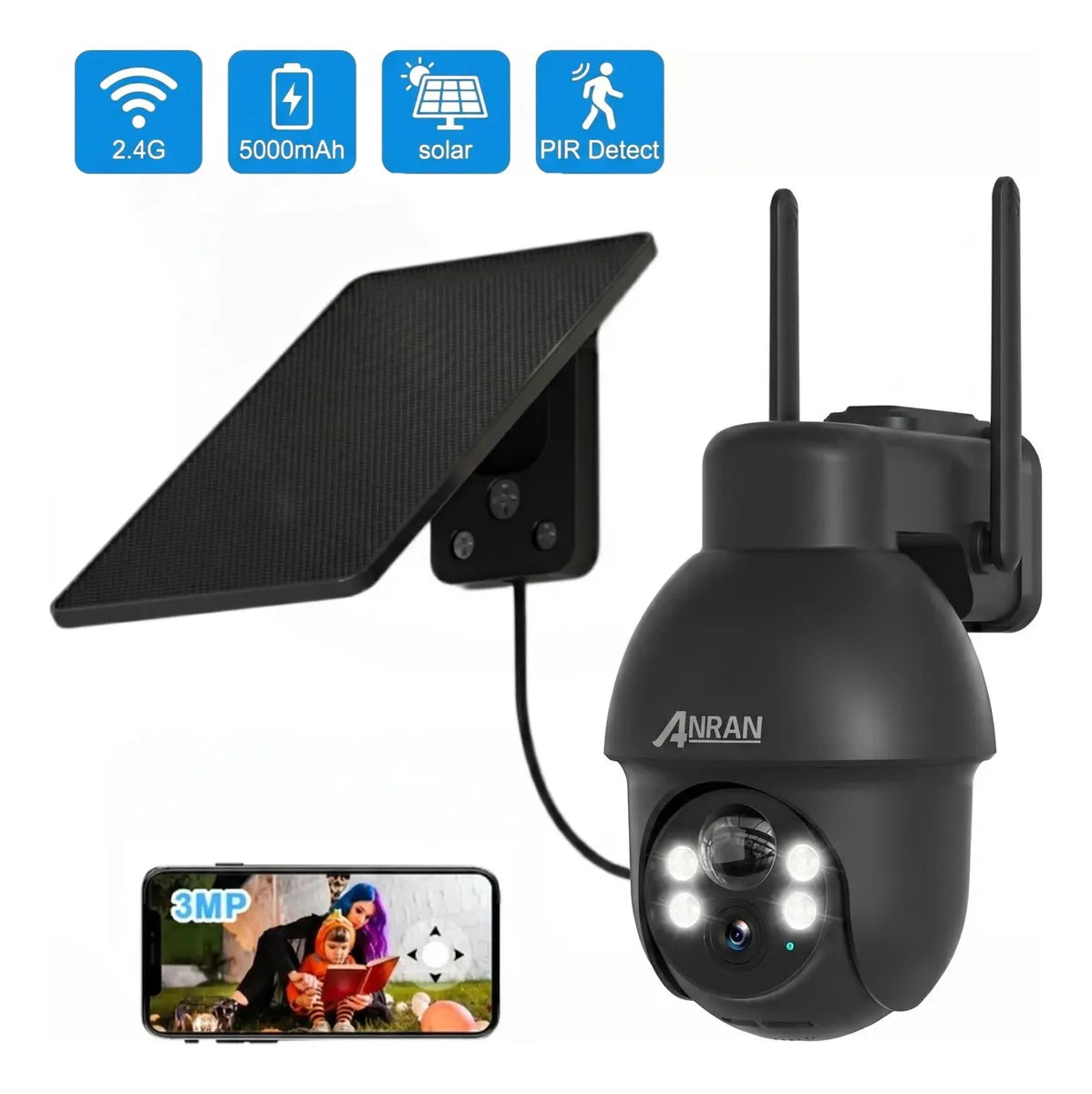Cámara de Seguridad Anran Solar Full HD con Sonido, Negro