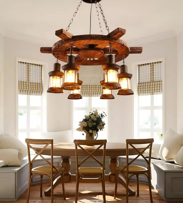 Lampara Colgante Decorativa de Madera con 6 Faroles en Estilo Timón Rustico Marrón