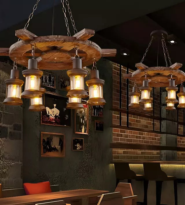 Lampara Colgante Decorativa de Madera con 6 Faroles en Estilo Timón Rustico Marrón