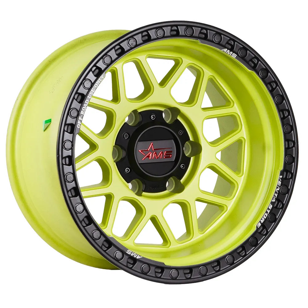 Llanta AMS B-16x10, Patrón de Pernos 6x139.7, ET 25, Color Amarillo Mate/Negro, Uso Todoterreno