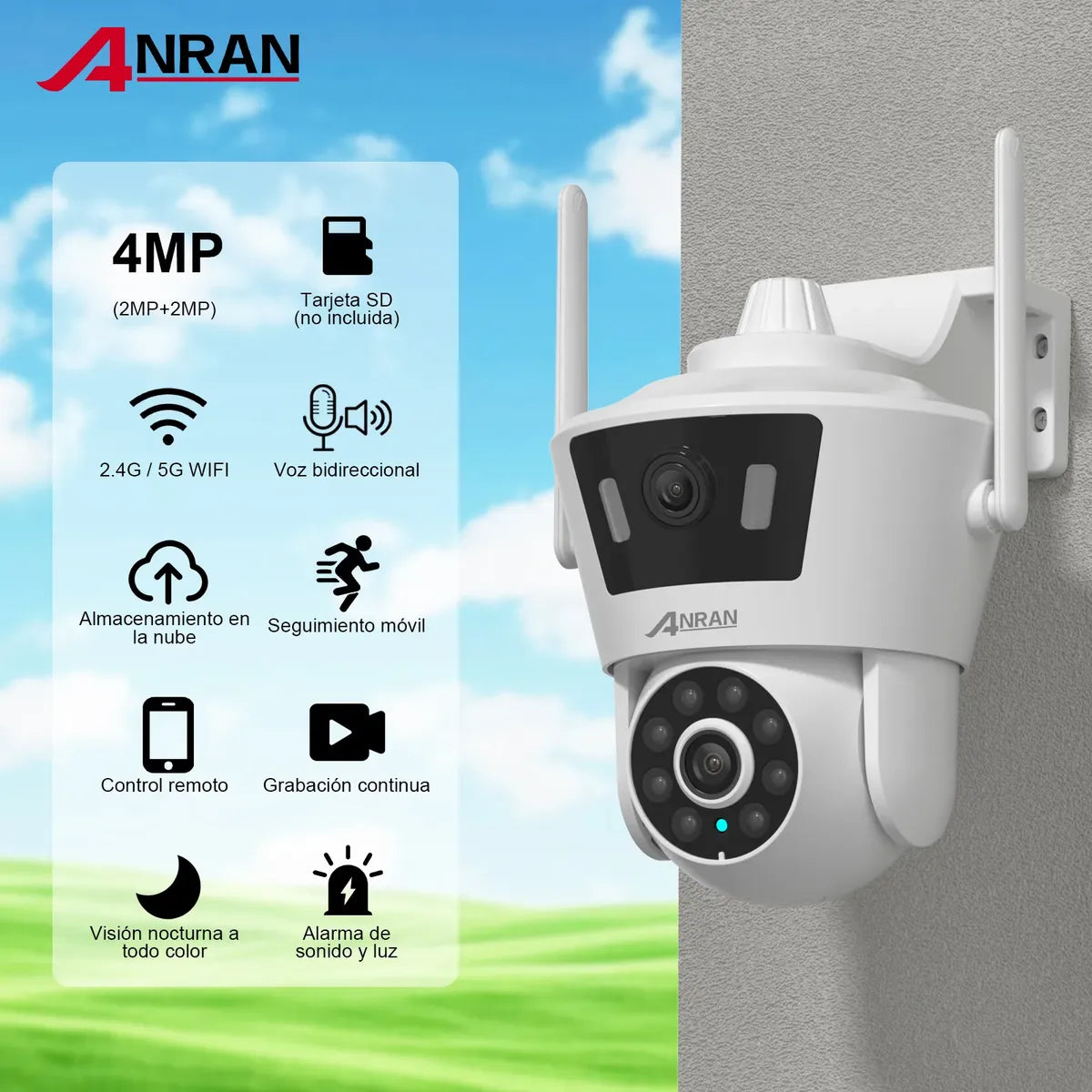 Cámara de Seguridad Anran WiFi Visión Nocturna con Detección de Movimiento 4MP