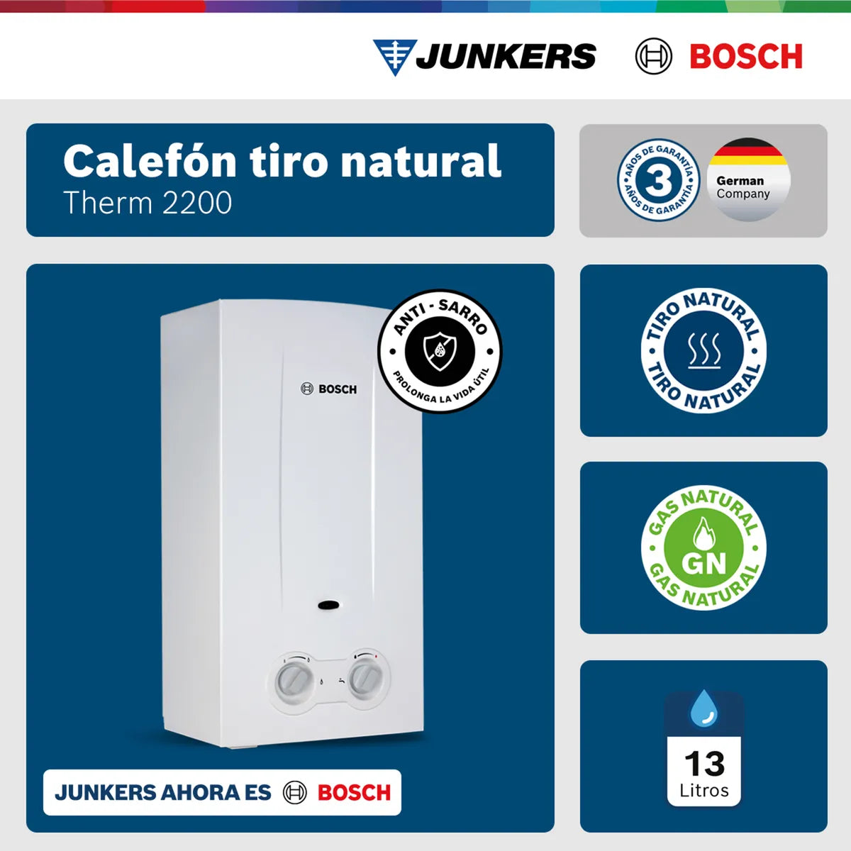 Calefón a Gas Natural Bosch Therm 2200 13 Litros, Blanco