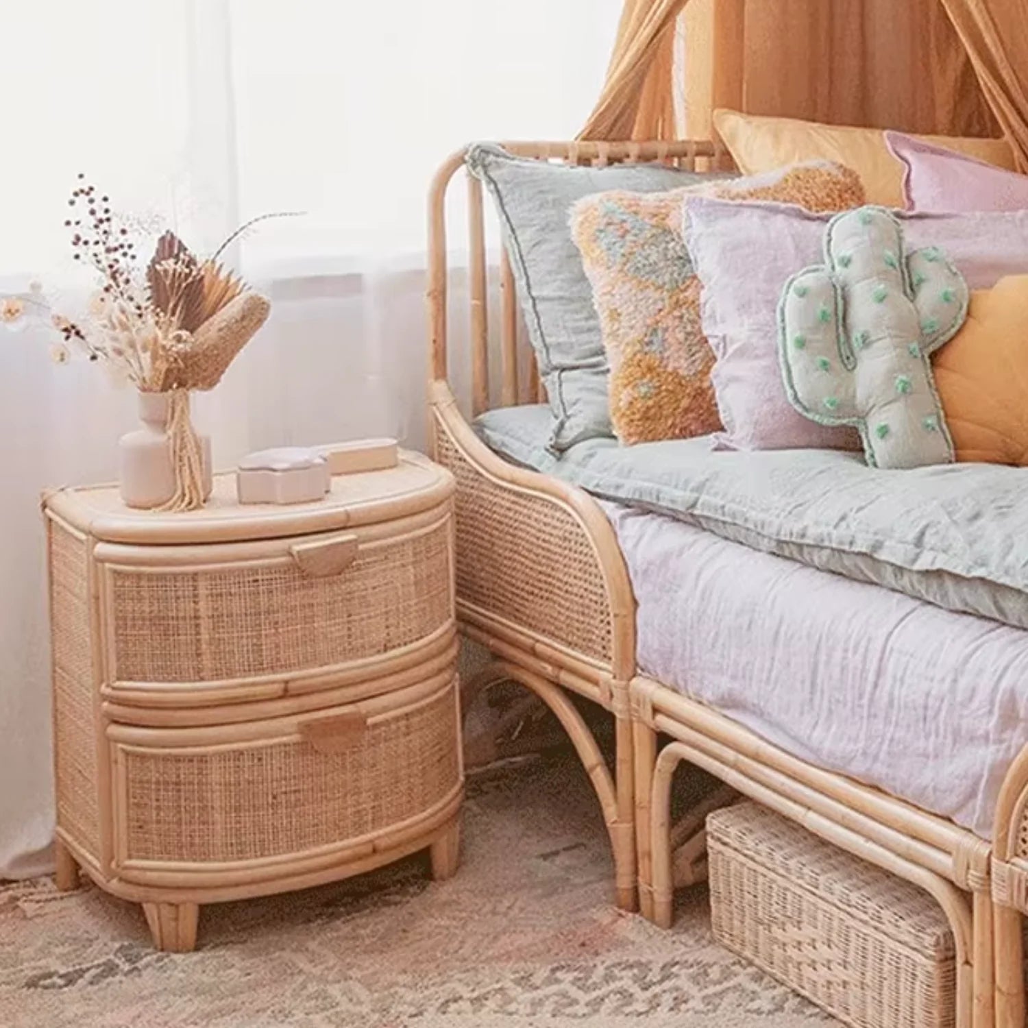 Velador de Rattan con Cajones Santú Home & Deco – Mesa de Noche 2 Cajones
