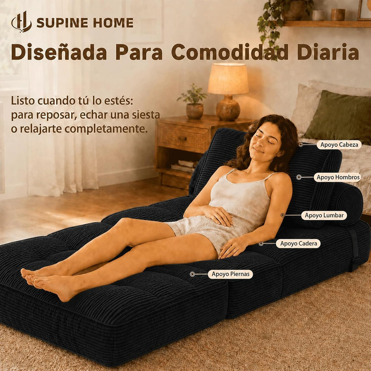 Sofá Cama Plegable 3 en 1 Supine Home ZL033 Individual, Negro