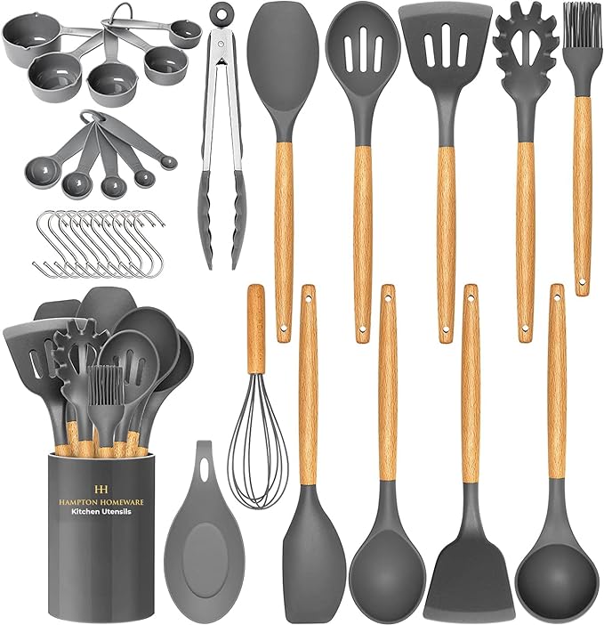 Set Utensilios Kitchen Utensils Silicona Antiadherente Madera 33 Unidad