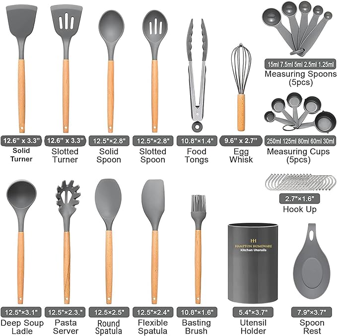 Set Utensilios Kitchen Utensils Silicona Antiadherente Madera 33 Unidad