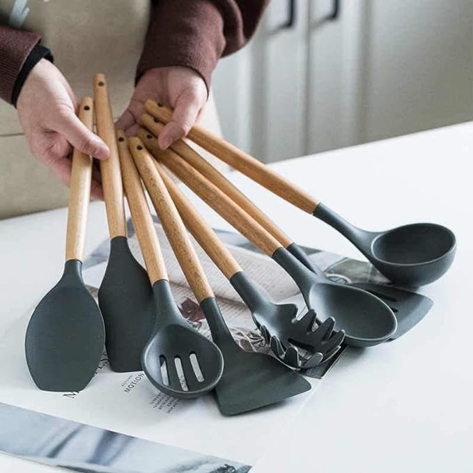 Set Utensilios Kitchen Utensils Silicona Antiadherente Madera 33 Unidad