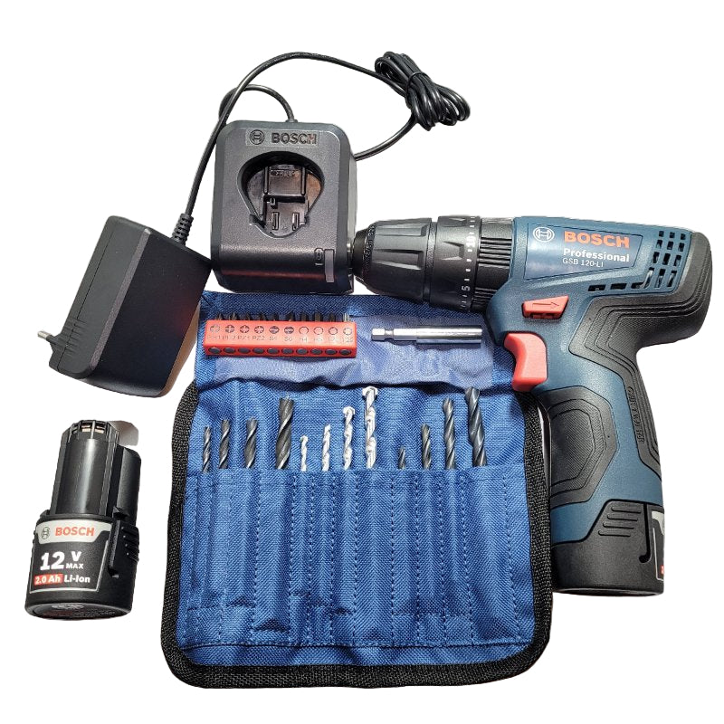 Taladro Percutor Bosch Gsb 120-Li + 23 Accesorios + 2 Baterias
