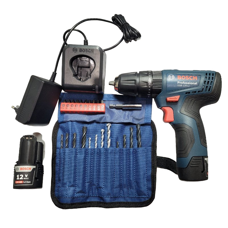 Taladro Percutor Bosch Gsb 120-Li + 23 Accesorios + 2 Baterias
