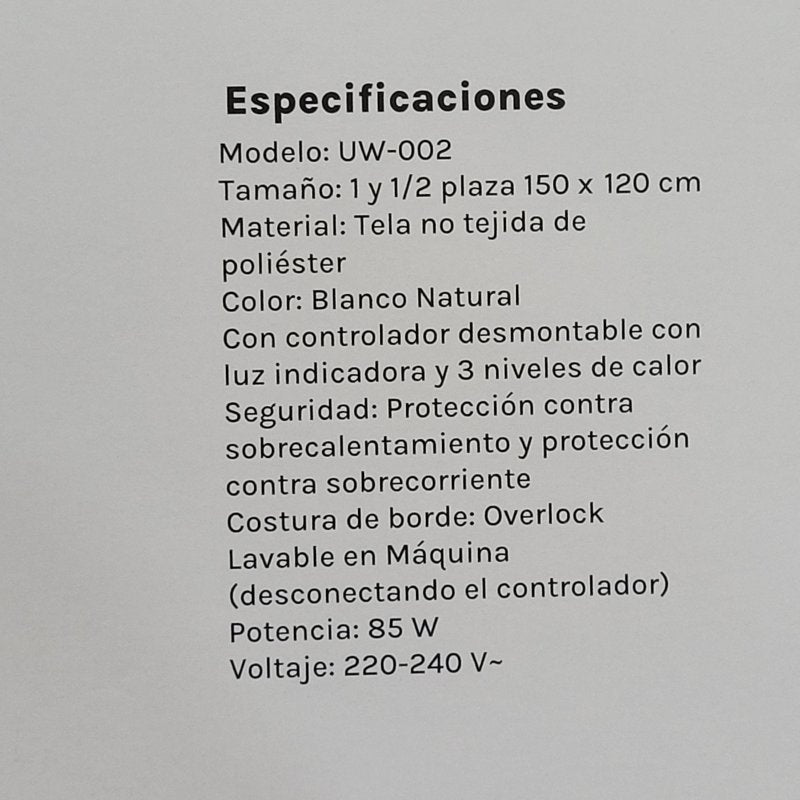 Calienta Cama Poliester Ozu Uw-002 Blanco 1/2 Plazas 150x120 cm