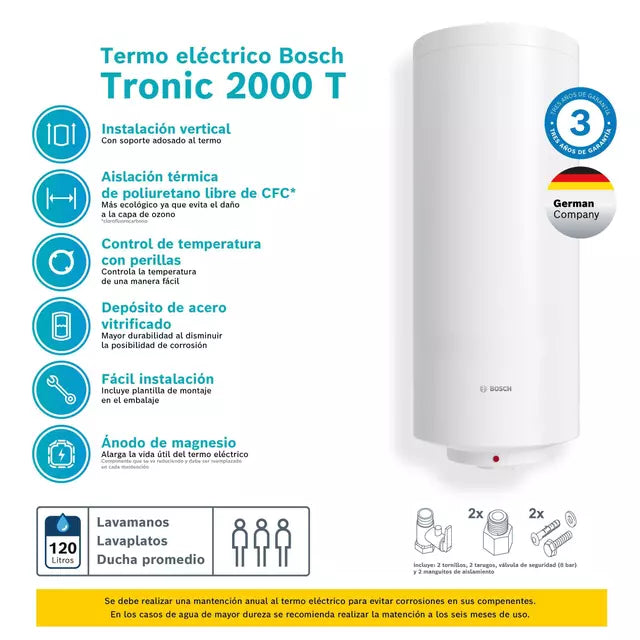 Termo Eléctrico Bosch Tronic 2000 T 120L 2000W, Blanco