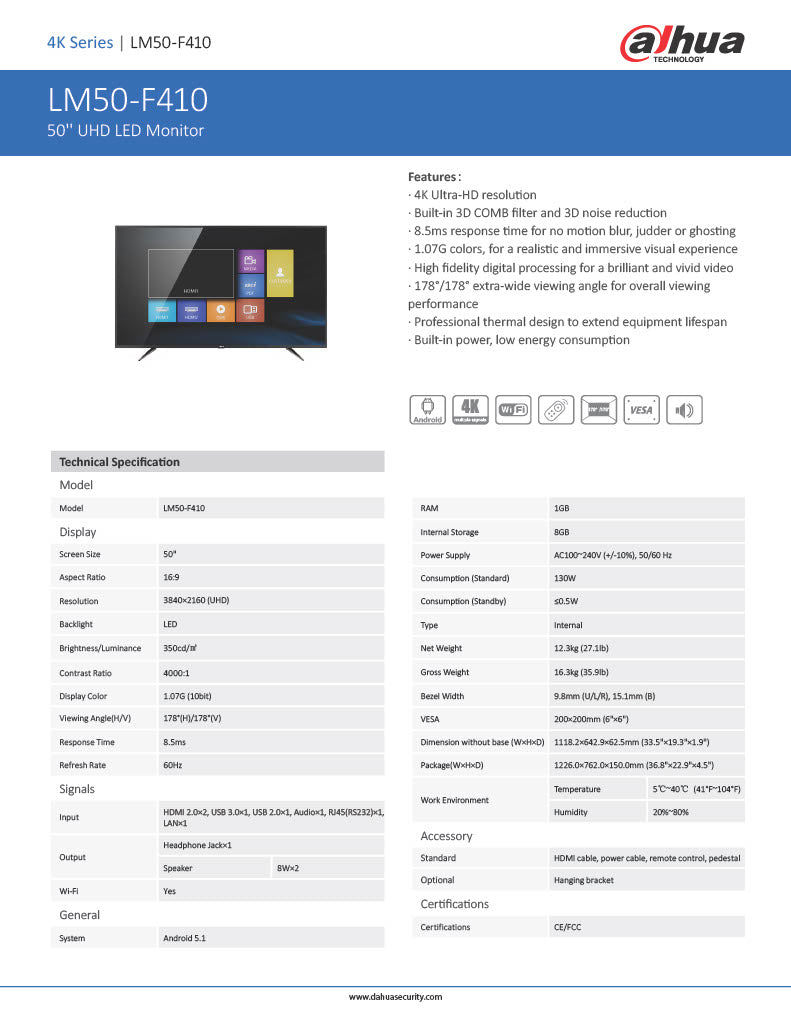 Uhd Led Monitor 4K Dahua Lm50 - F410 50"