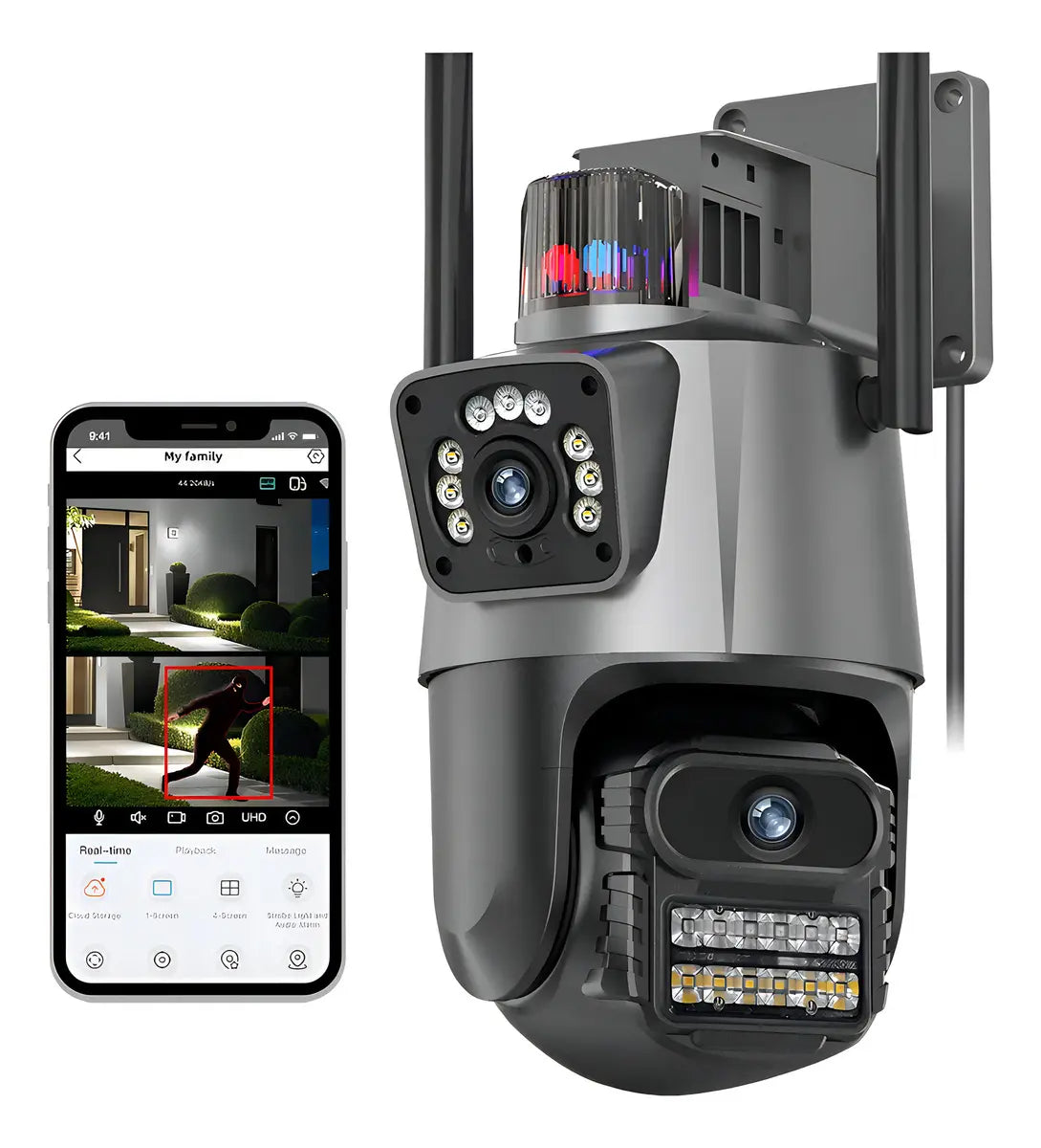 Cámara de Seguridad WiFi Exterior Doble Lente 8 MP, 1080 P, Negro