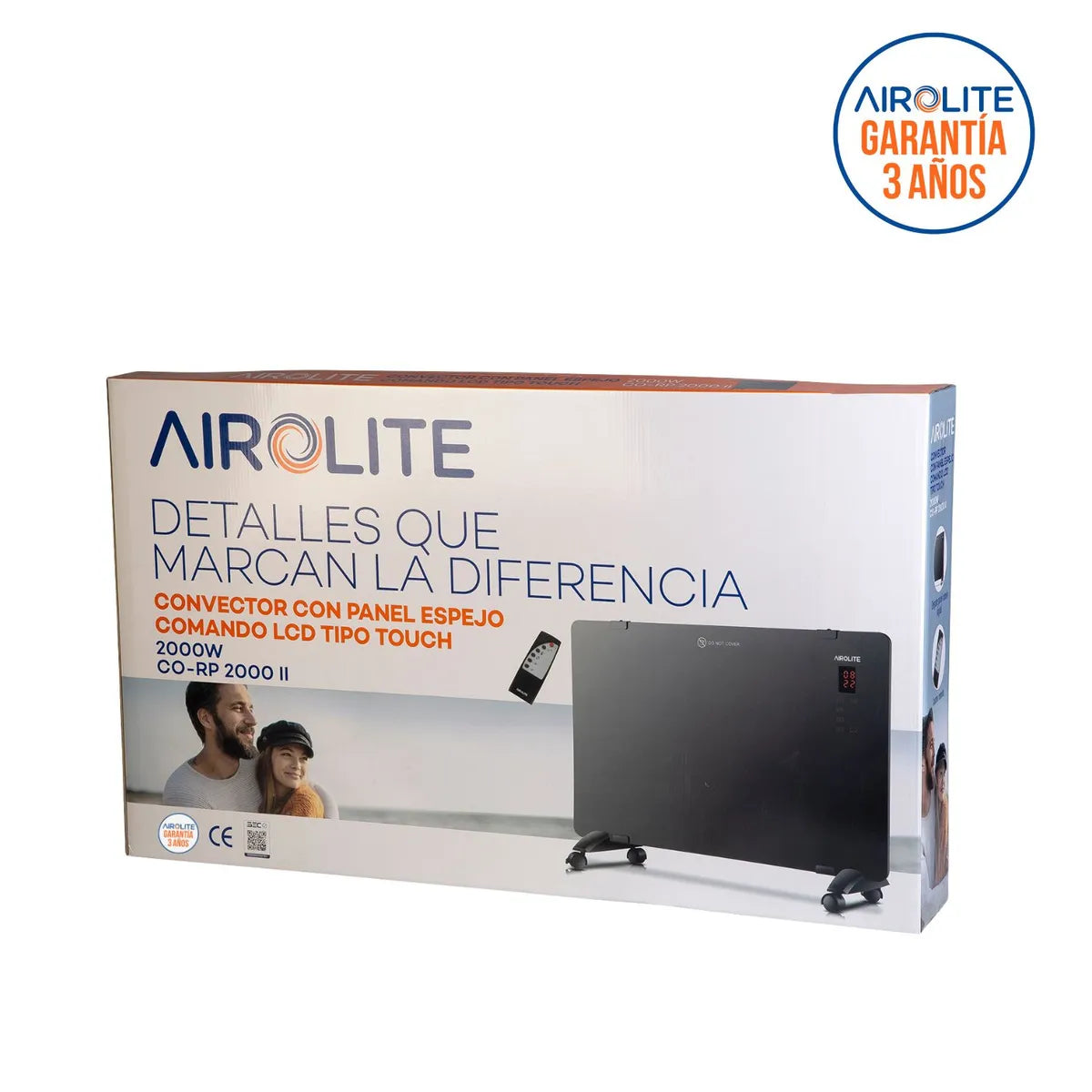 Convector Eléctrico Airolite con Panel Espejo y Comando LCD Touch CO-RP 2000 II – Negro, 2000 W