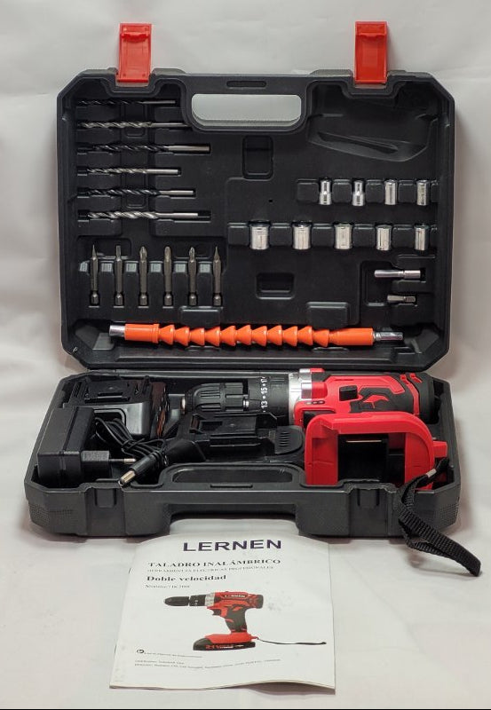 Kit Taladro Percutor Inalámbrico Lernen Destornillador 21v + 2 Baterías Rojo
