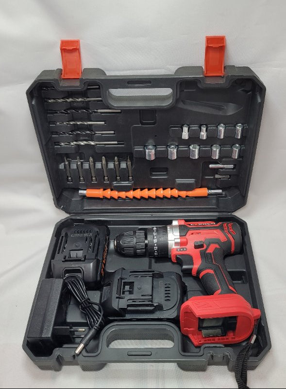 Kit Taladro Percutor Inalámbrico Lernen Destornillador 21v + 2 Baterías Rojo