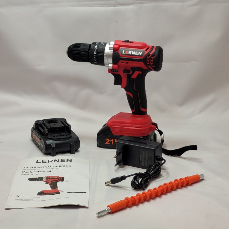 Kit Taladro Percutor Inalámbrico Lernen Destornillador 21v + 2 Baterías Rojo