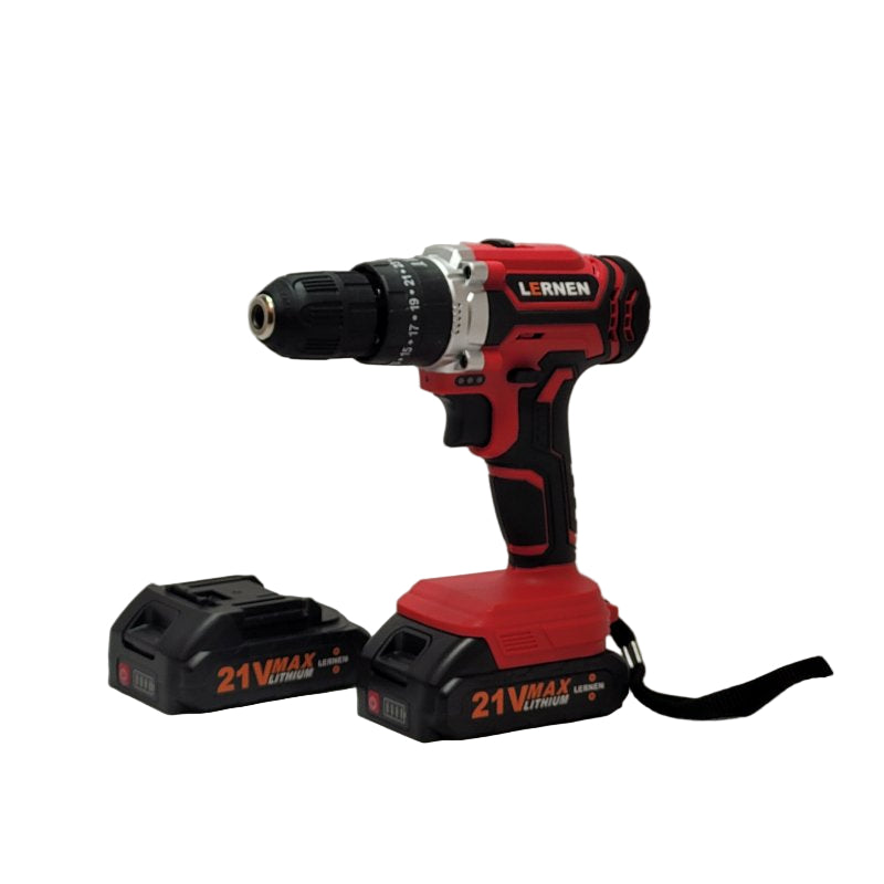 Kit Taladro Percutor Inalámbrico Lernen Destornillador 21v + 2 Baterías Rojo