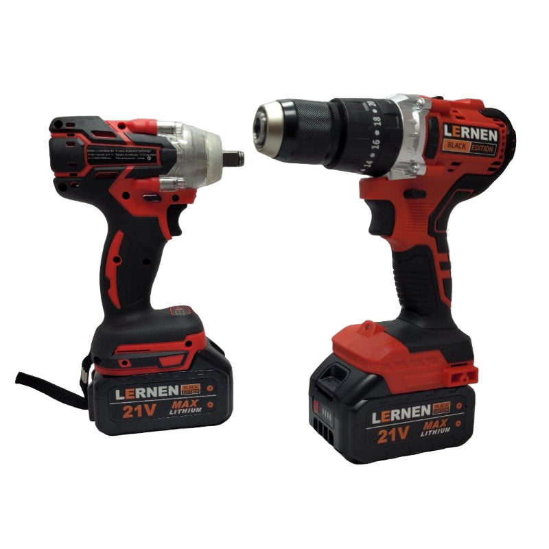 Kit Taladro + Llave De Impacto 2 Baterías Lernen Rojo 21v