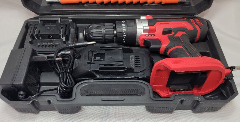 Kit Taladro Percutor Inalámbrico Lernen Destornillador 21v + 2 Baterías Rojo