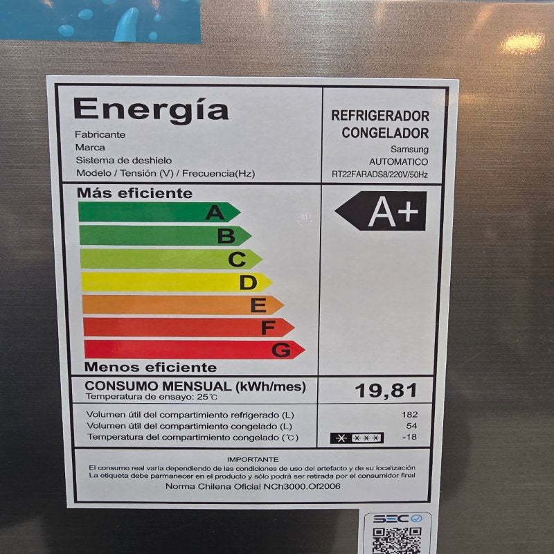 REFRIGERADOR / CONGELADOR SAMSUNG RT22FARADS8 SIST DESHIELO AUTOMATICO GRIS 236 LTRS