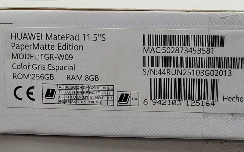 Tablet Huawei Matepad 11.5"S Tgr-W09 Papermatte Edition Gris Rom 256 Ram 8gb