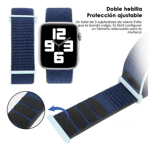 Correa nylon con velcro para apple watch azul y negro generico