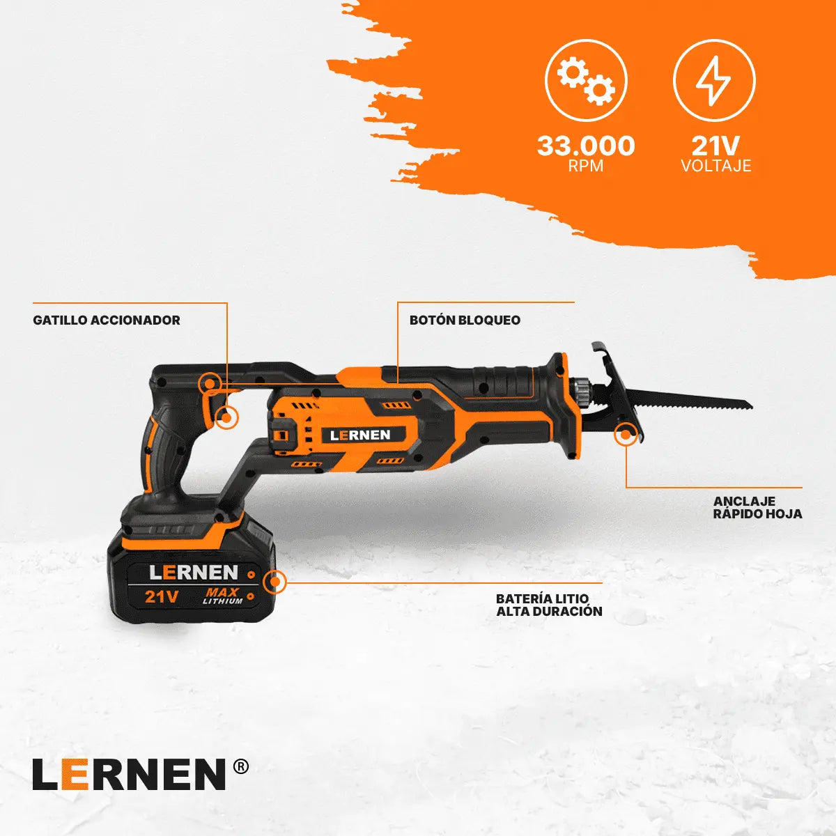 Sierra Sable Recíproca Pro Inalámbrica Lernen WFJ-2251 con Accesorios