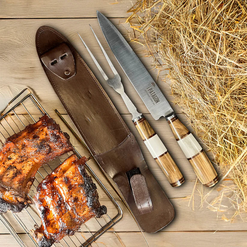 Juego De Cuchillo Y Tenedor Artesanal Inox 420 Patagon Parrillero Artesanal Hueso Madera Hoja 20 Cm