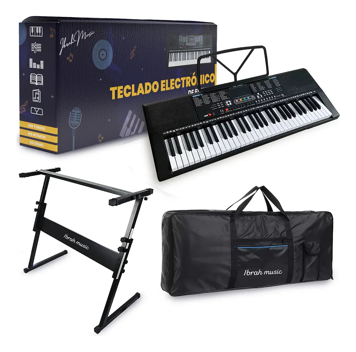 Teclado Electrónico Ibrahim Music 61 Teclas Negro con Atril y Funda