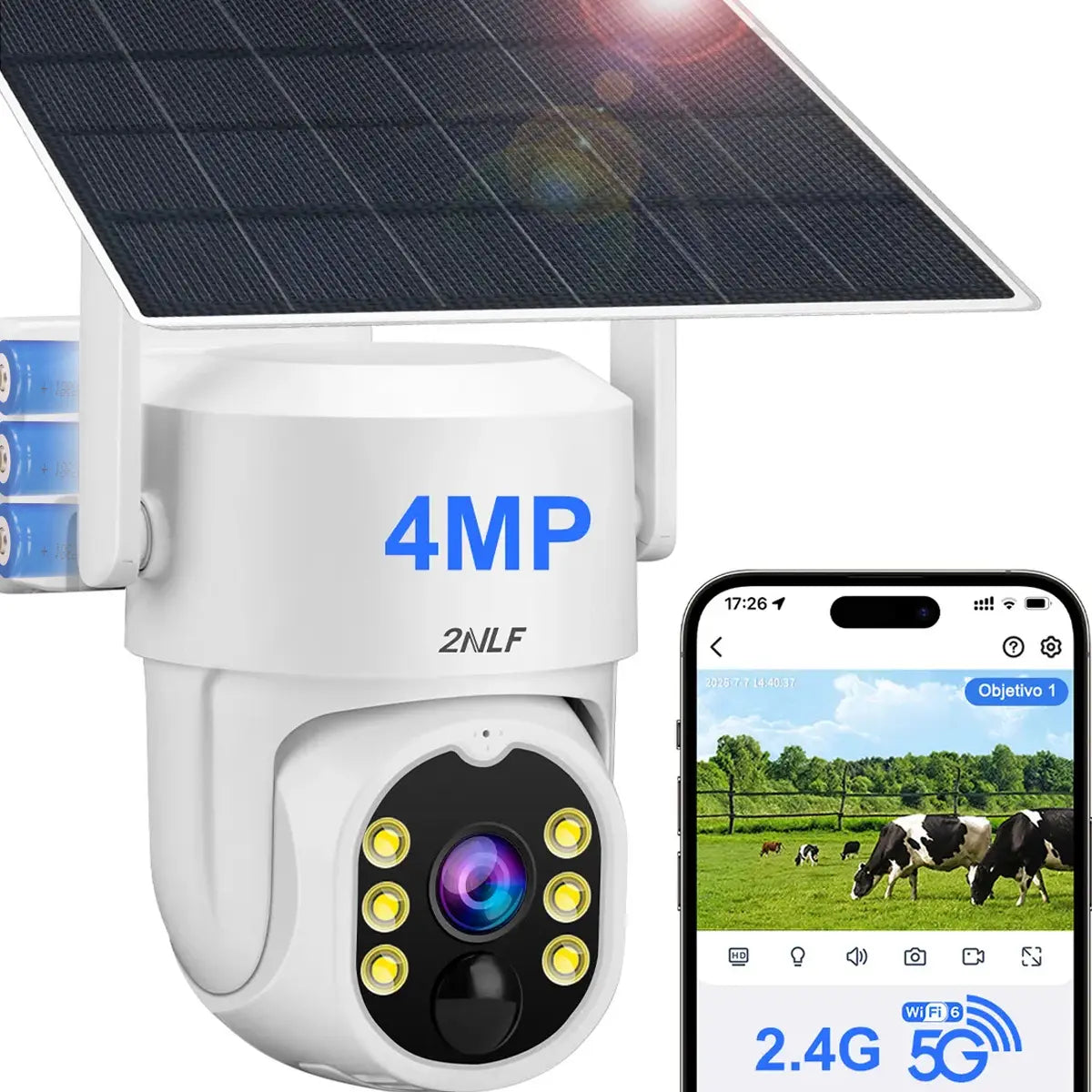 Cámara de Seguridad Solar 2NLF WiFi Exterior HD PTZ Visión Nocturna, Blanco