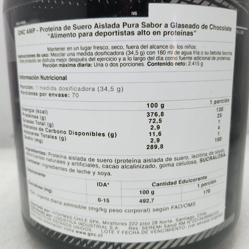 Proteína de Suero Aislada GNC AMP Pure Isolate Sabor Chocolate Frosting 2240g