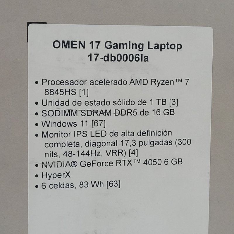 Notebook HP Gaming OMEN 17-db0006la 17.3" AMD Ryzen™ 7 16GB 1 TB NVIDIA® GeForce RTX™ 4050 6GB