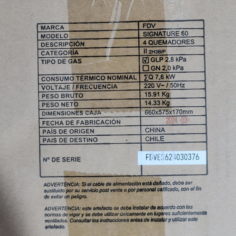 Encimera a Gas 4 Quemadores FDV Signature 60 cm