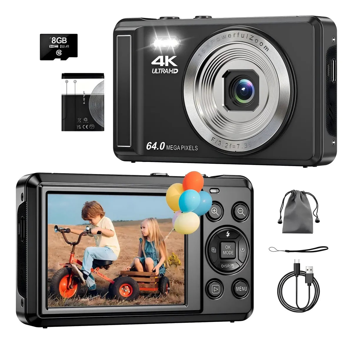 Cámara Digital 4K 64MP con Autoenfoque y Función Webcam, Negro
