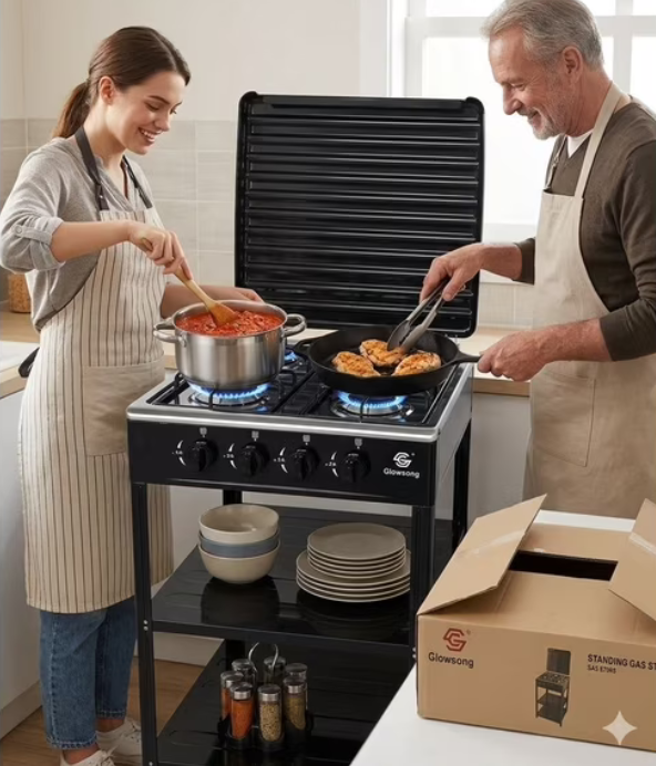 Cocina Encimera a Gas 4 Quemadores con Repisa Glowsong GS-04D, Negro