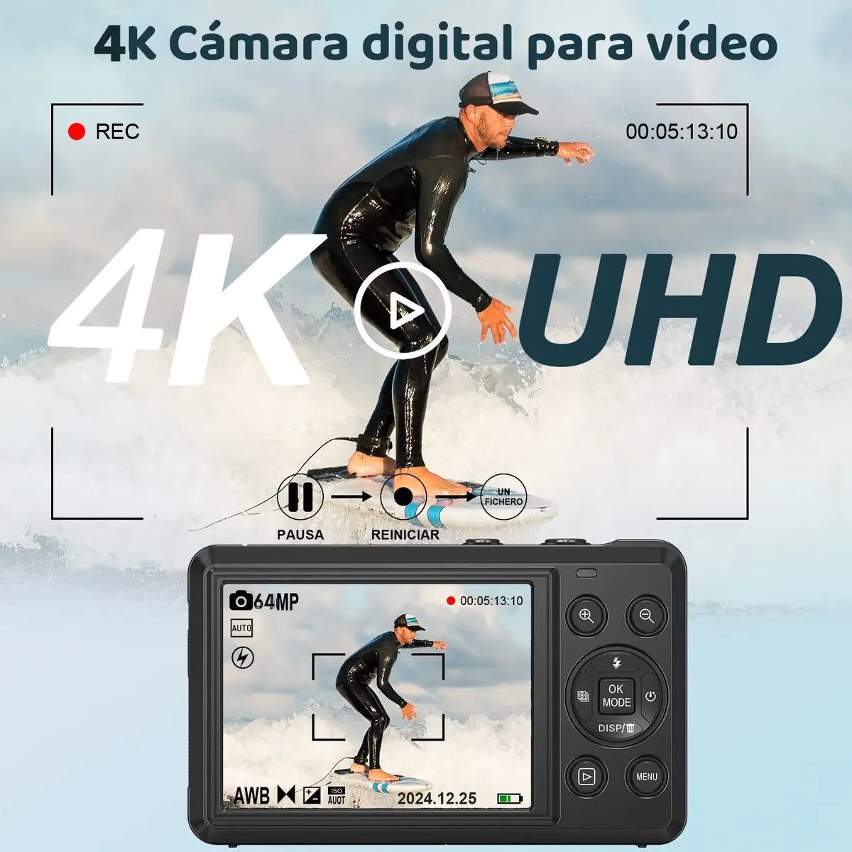 Cámara Digital 4K 64MP con Autoenfoque y Función Webcam, Negro