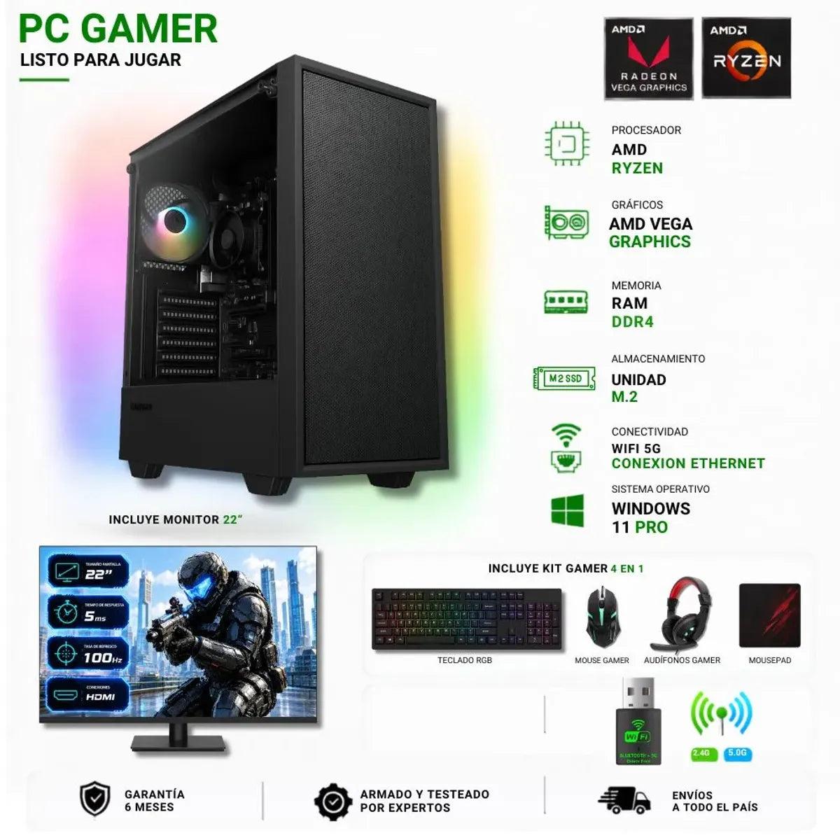 PC Gamer AMD Ryzen 3 3200G 16GB RAM 480GB SSD con Monitor 22" Storm