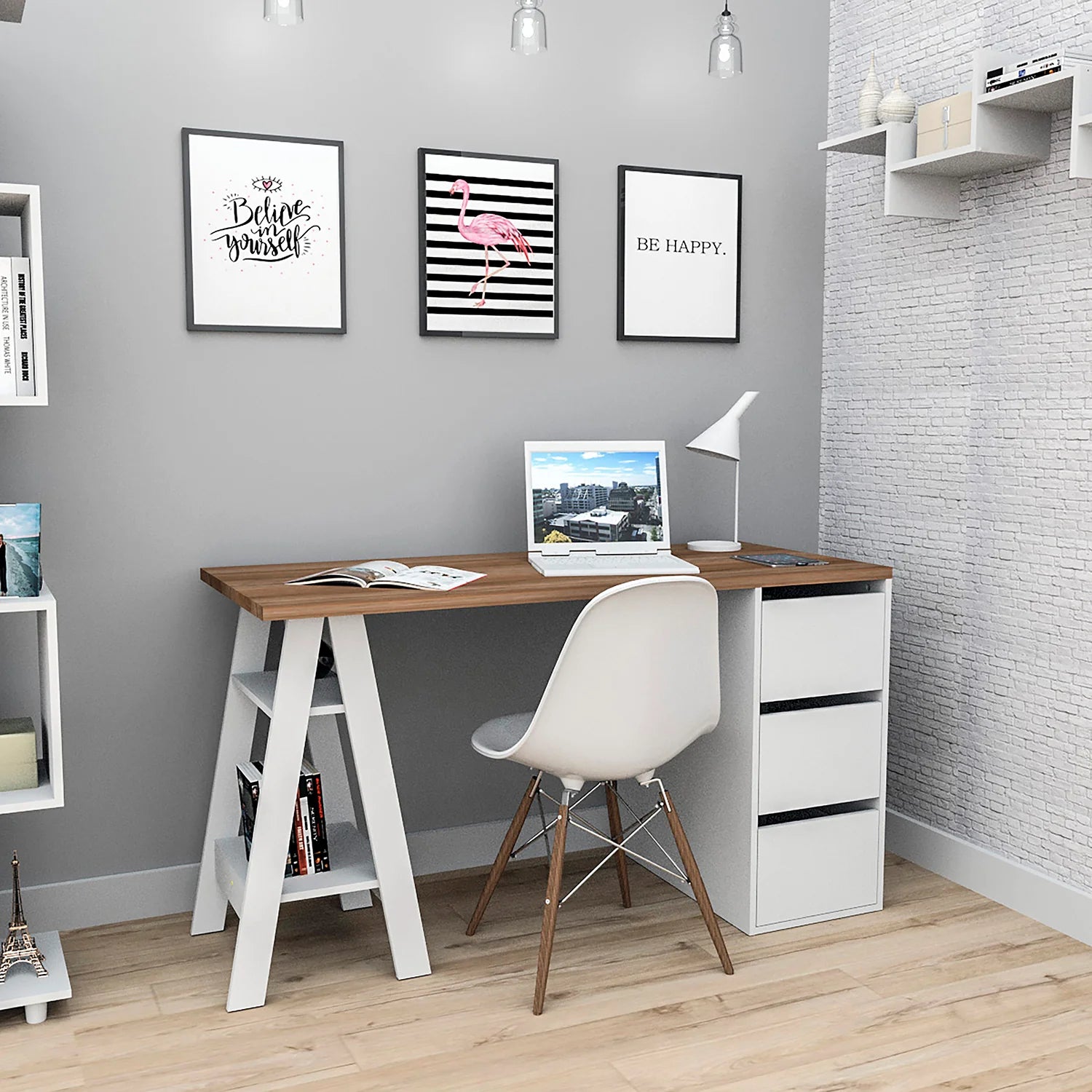 Escritorio Nórdico Self 3 Cajones Blanco Castaño - LFESC3005