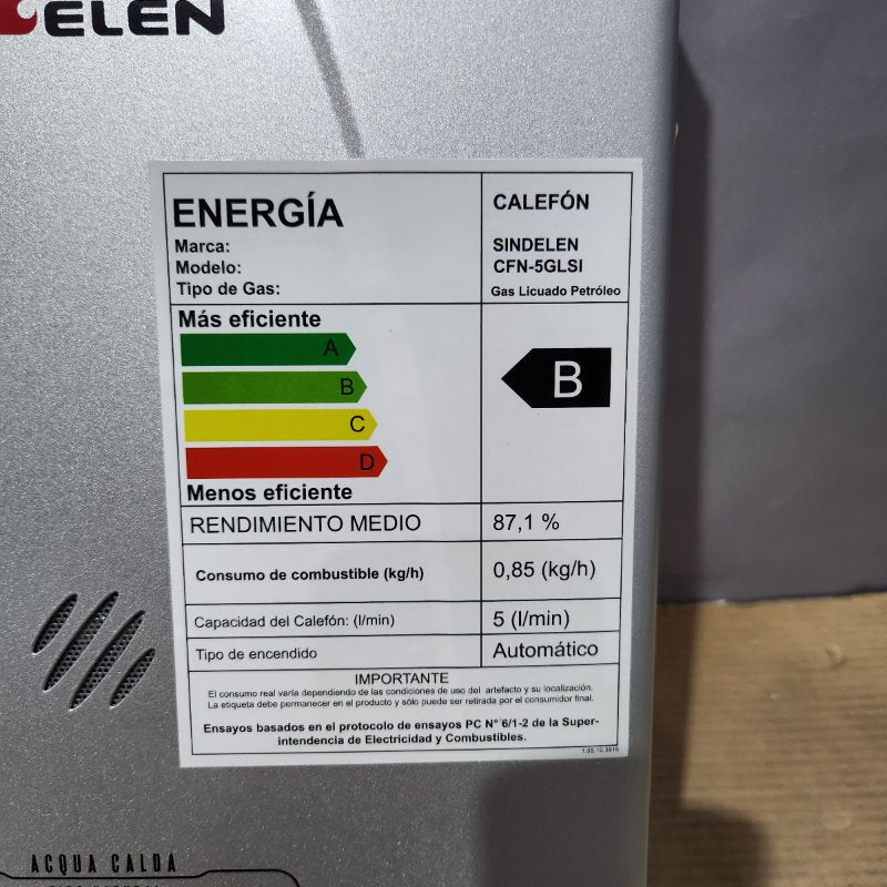Calefón Tiro Natural a Gas Licuado Petróleo Sindelen CFN-5GLSI Plateado 5 Litros
