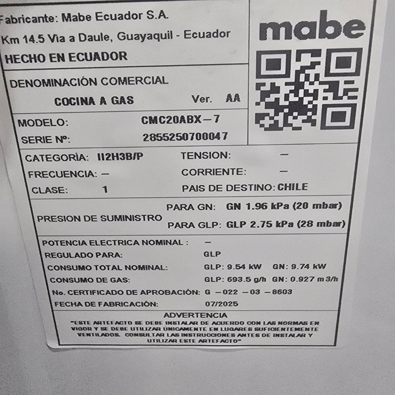 Cocina a Gas 4 Platos Mabe CMC20ABX-7 100.000 BTU