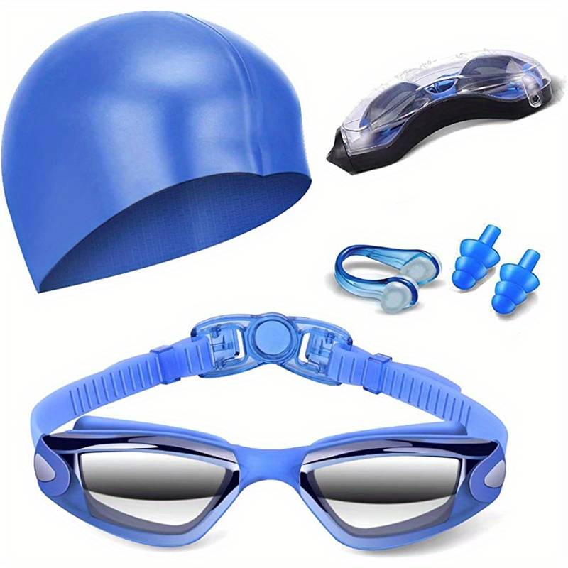 Kit De Natacion Gafas + Gorro + Tapon De Oidos Y Nariz Generico Usv Shield Anti Fog Azul Unisex
