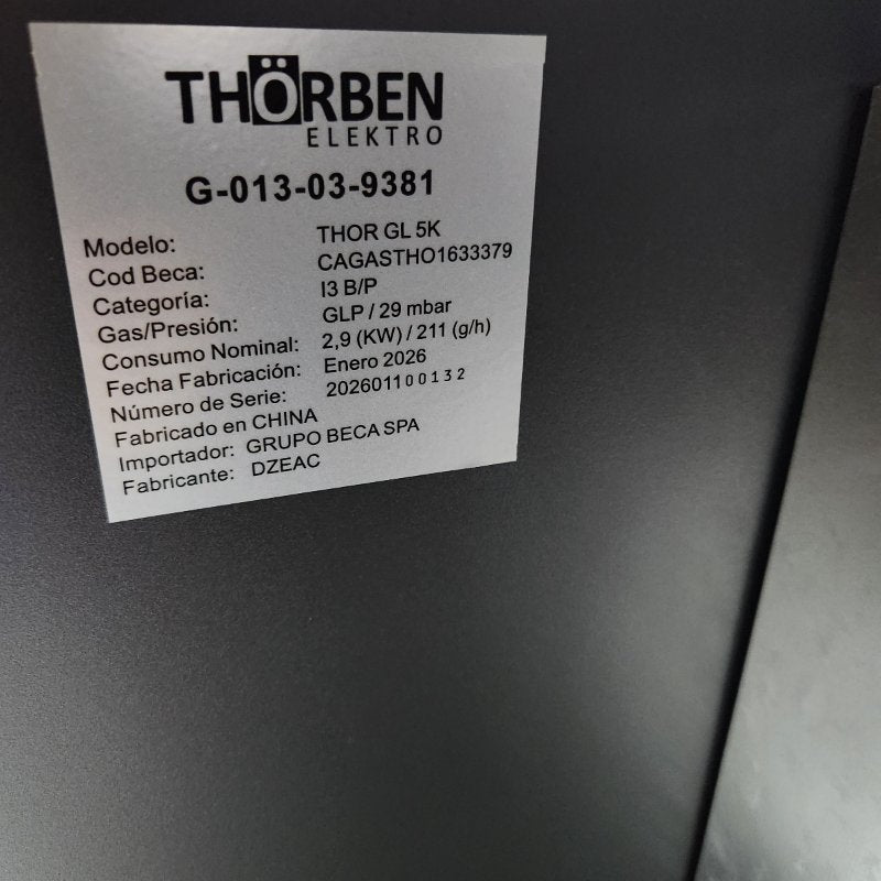 Estufa a Gas Licuado Thorben Elektro THOR GL 5K Black 5 Kilos