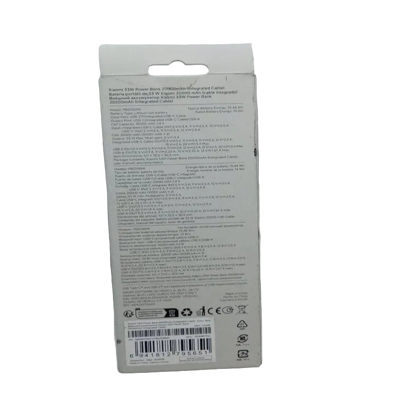 Power Bank Xiaomi 33W 20000 mAh con Cable Integrado, Azul