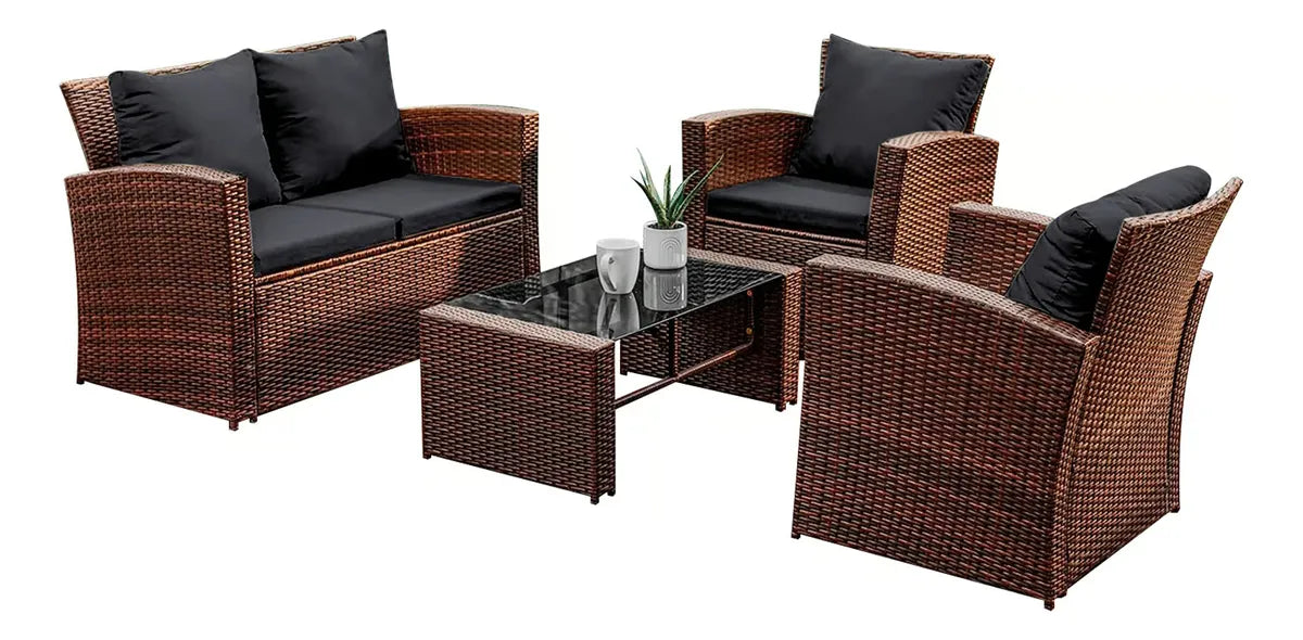 Juego De Living De Terraza Y Mesa De Vidrio Rattan Generico Rohe Cafe Oscuro