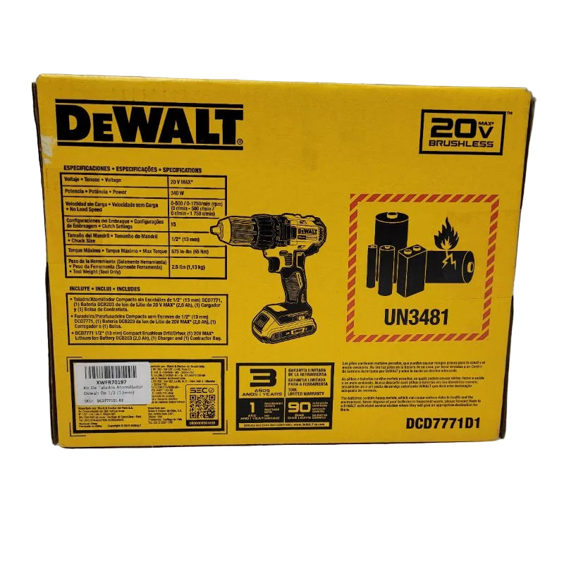 Kit Taladro Inalámbrico 1/2" 20V DeWalt DCD7771D1-B2
