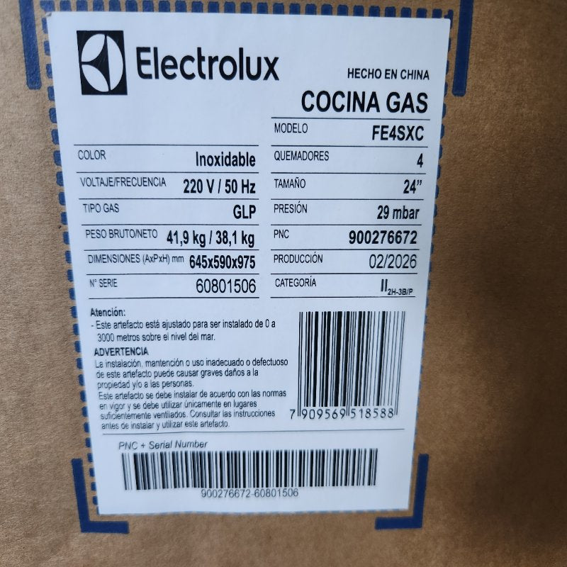 Cocina a Gas 4 Quemadores Electrolux FE4SXC Inoxidable