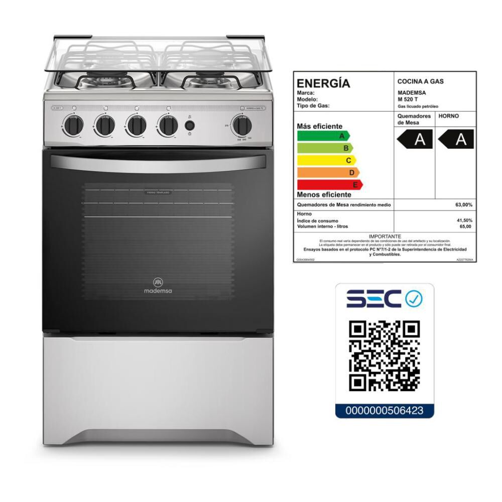 Cocina a Gas Licuado Mademsa M520T 4 Quemadores, Color Negro/Plomo